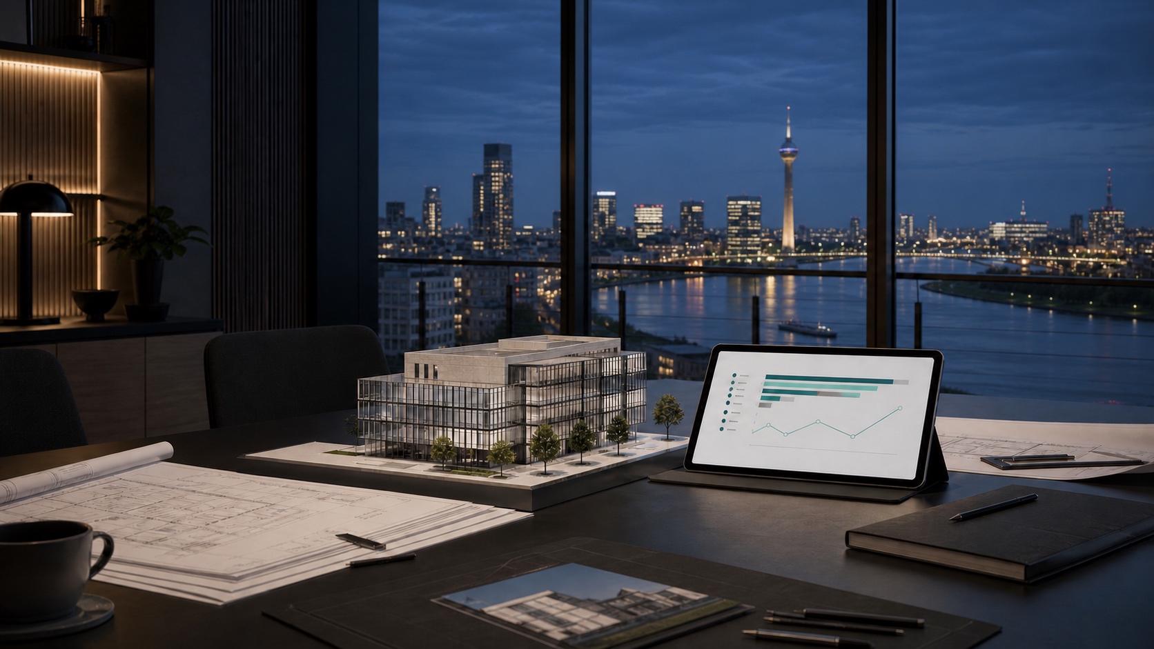 Planbare Immobilienentscheidung mit Geb&auml;udemodell und D&uuml;sseldorfer Skyline